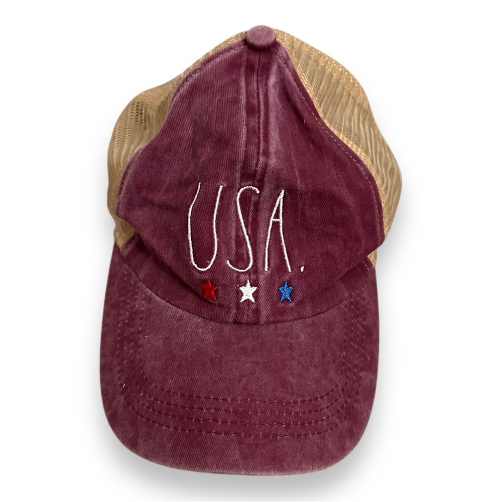 Rae Dunn USA Red Tan Stars Baseball Cap Mesh Adjustable Snapback EUC Patriotic